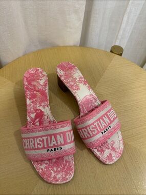 Dior Pink Toile Woven Logo Slide Mules